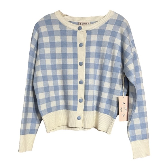 Nanette Lepore Blue Cream Plaid Button Up Cardigan Sz M NWT - Picture 3 of 12